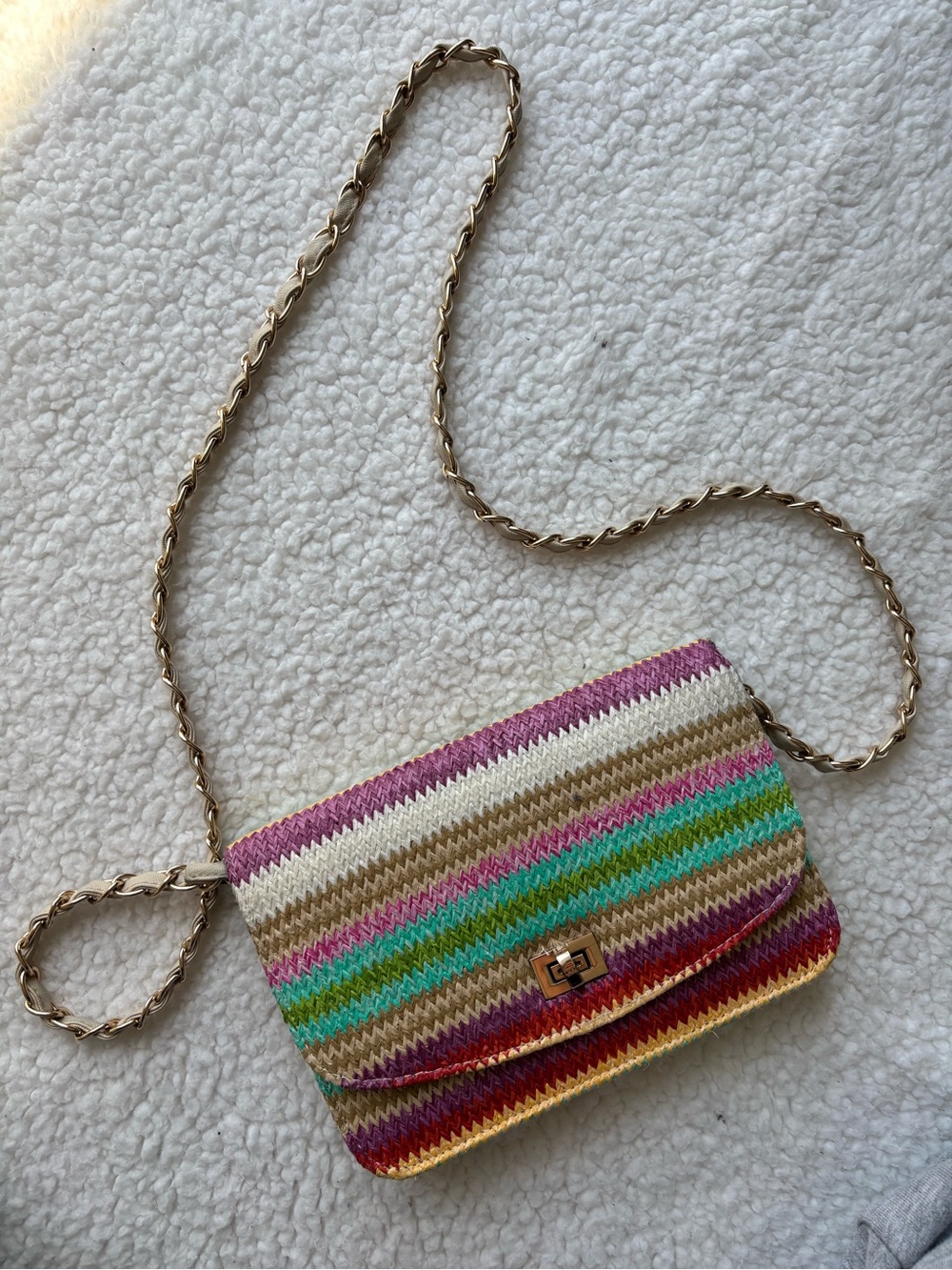 Tally Weijl Straw Woven Raffia Multicolor Stripe Chain Shoulder Bag
